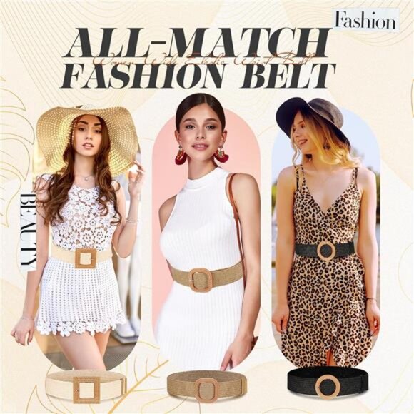 3 Pieces Straw Woven Elastic Waist Belt for Women Bohemian Dress Braided main image 6